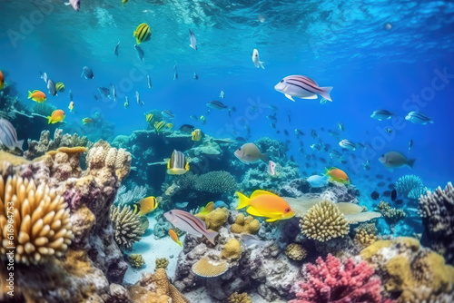 Tropical sea underwater fishes on coral reef. Aquarium oceanarium wildlife colorful marine panorama landscape nature snorkeling diving © Kien