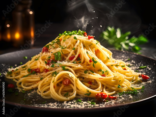Spaghetti Aglio e Olio, Taste of Italy: Spaghetti Aglio e Olio, an Italian classic, features perfectly cooked pasta coated in garlic-infused olive oil, Italian dining sensation. | Generative AI
