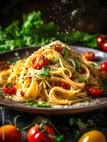 Spaghetti Aglio e Olio  Taste of Italy  Spaghetti Aglio e Olio  an Italian classic  features perfectly cooked pasta coated in garlic-infused olive oil   Italian dining sensation.   Generative AI