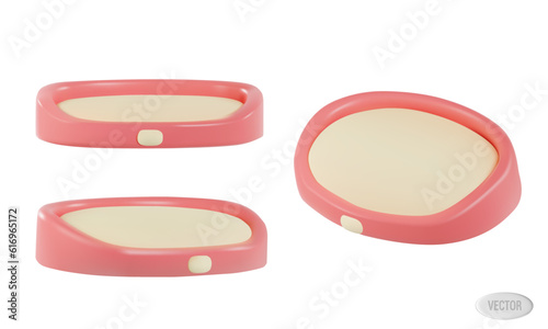 a set of renders of a pink couch or bed for a pet. Vector 3d illustration isolated on white background