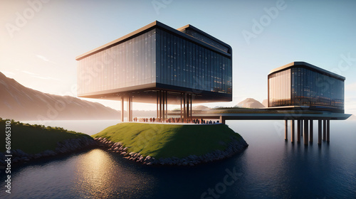 futuristic black building with cubic forms on poles in sea. generative ai