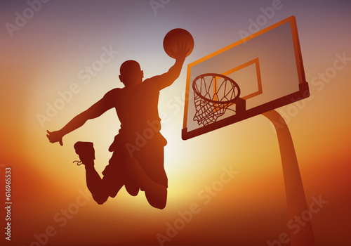 Concept d’une action de jeu dans un match de basket-ball, avec un joueur qui marque un panier en sautant pour faire un dunk.