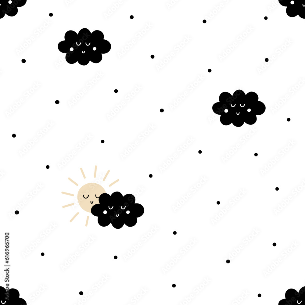 colorful pastel sun and cloud on white dotted background hand drawn doodle minimalistic style cute weather symbol seamless pattern for kids interior and apparel