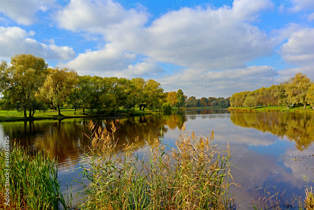 Beautiful lake in the park on an autumn day. Tranquil natural landscape with water and colorful trees lit by natural sunlight.