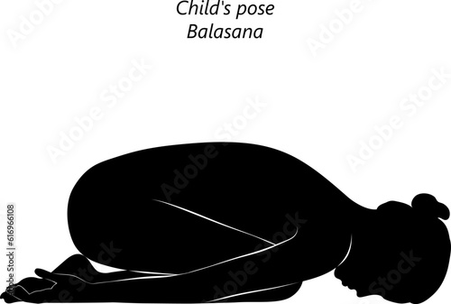 Black silhouette of young woman practicing yoga, doing Child pose. Balasana. Prone and Forward Bend. Beginner. Isolated vector illustration.
