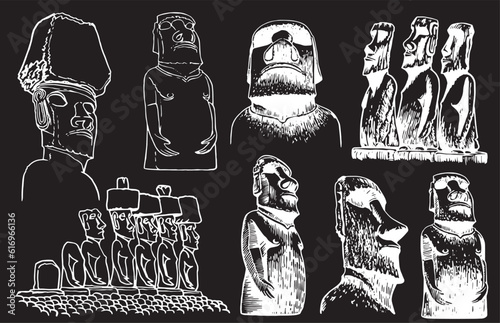 Graphical  collection of moai statues isolated on black background, vector elements. Archeological artifacts 