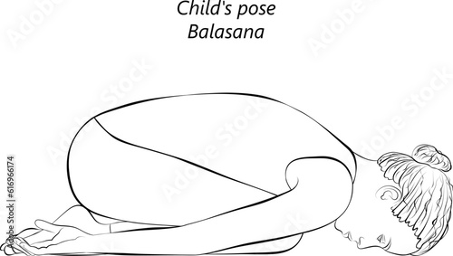 Sketch of young woman practicing yoga, doing Child pose. Balasana. Prone and Forward Bend. Beginner. Isolated vector illustration.