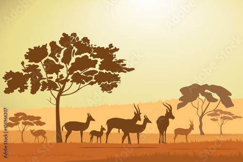 African savannah landscape with gazelles  antelopes silhouettes  midday sun  yellow background. Vector illustration.