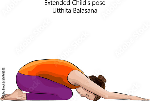 Young woman practicing yoga exercise, doing Extended Child pose. Utthita Balasana. Prone and Forward Bend. Beginner. Isolated vector illustration.