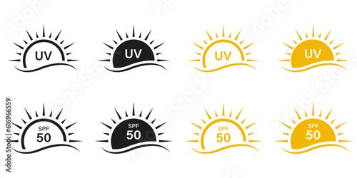 UV Skin Protection Pictogram Set. Sunblock Cream Labels. Anti Ultraviolet Rays, Block Solar Radiation Symbol Collection. Sunscreen Lotion, SPF 50 Protect Icons. Isolated Vector Illustration