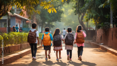 Asian school children wearing school bags going back to school