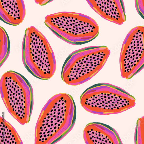 Hand drawn summer fruit in modern artist painting style. Vector illustration. Seamless pattern with papaya