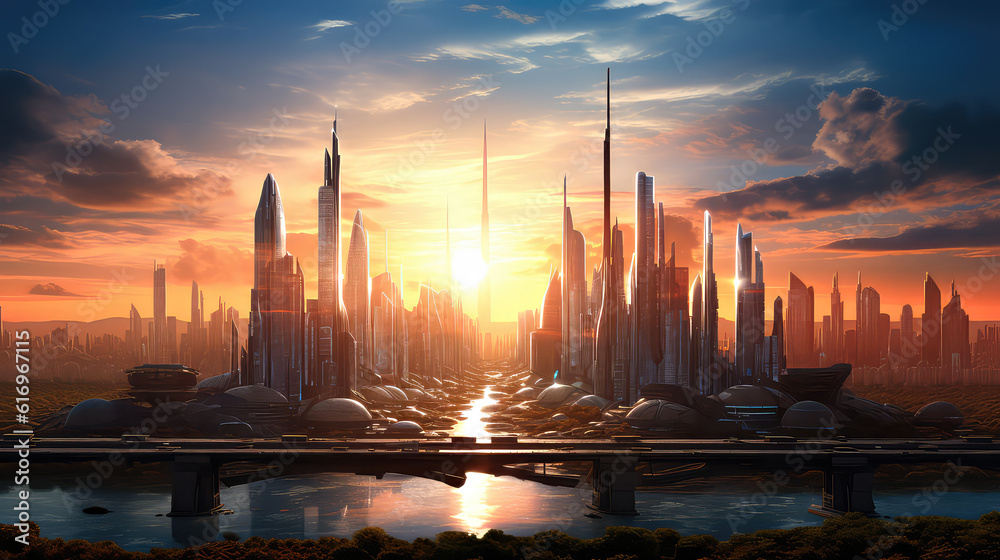 Futuristic city skyline at sunrise