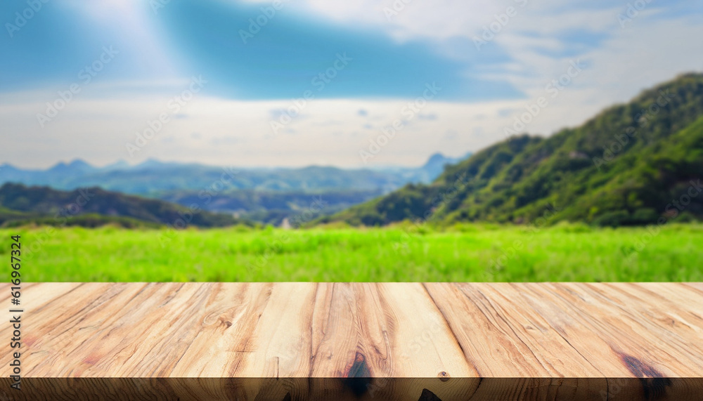 Wooden table with stunning mountain landscape in the background. Wooden table with stunning mountain landscape in the background.