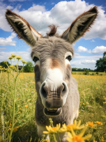 Happy cute donkey on a summer day