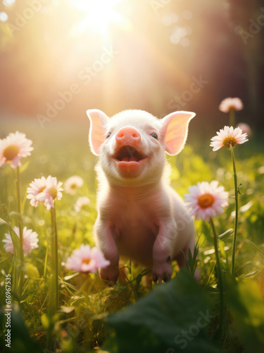 Happy cute pig on a summer day