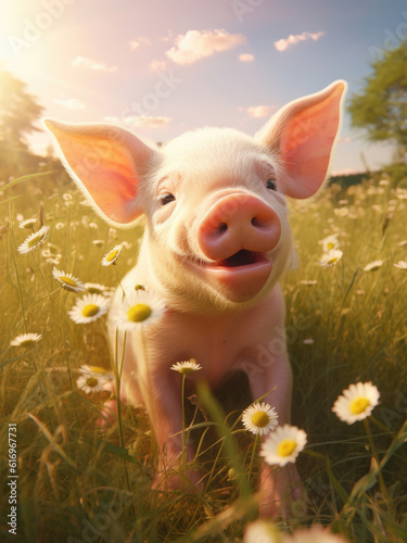 Happy cute pig on a summer day