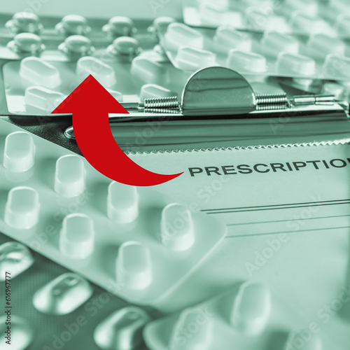 Different pills and prescription with instructions and dosage for disease treatment in monochrome with green tinting and a red arrow