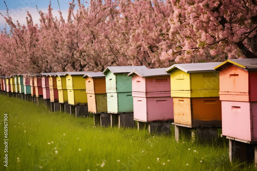 A serene image showcasing rows of colorful beehives placed strategically in an apple orchard in full bloom, showcasing symbiotic relationships in nature.
