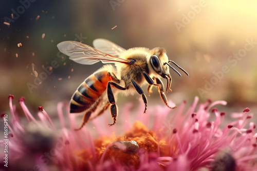 A dynamic image capturing the moment a honey bee, with pollen grains clinging to its legs, lands on a vibrant blooming flower, showing the critical role of bees in pollination. © Davivd