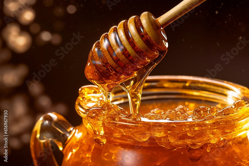 A detailed and enticing shot of a honey dipper lifting viscous, golden honey from a jar, highlighting the sweet product of beekeeping.