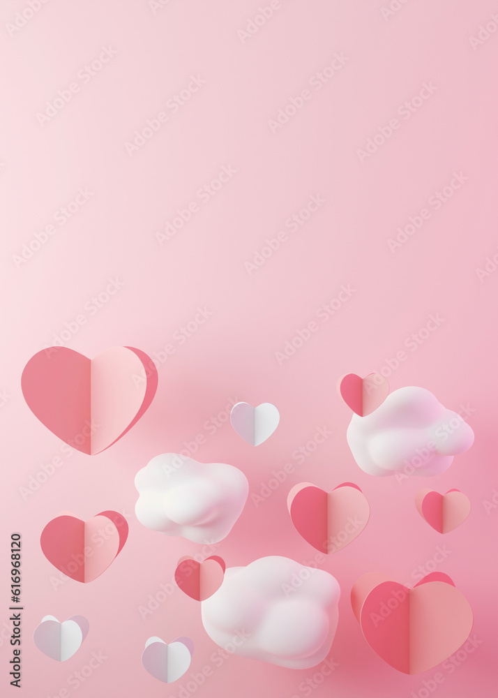 Pink vertical background with hearts, clouds and copy space. Valentine's Day, Woman's, Mother's Day backdrop. Empty space for advertising text, invitation, logo. Postcard, greeting card design. 3D.