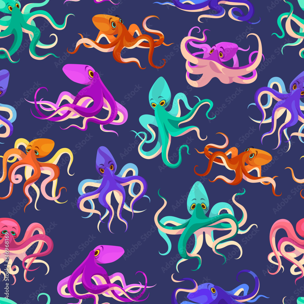 Cartoon octopus seamless pattern. Colorful underwater animals, tentacles with suction cups, many legged mollusks. Decor textile, wrapping paper, wallpaper design. Tidy vector background Cartoon octopus seamless pattern. Colorful underwater animals, tentacles with suction cups, many legged mollusks. Decor textile, wrapping paper, wallpaper design. Tidy vector background