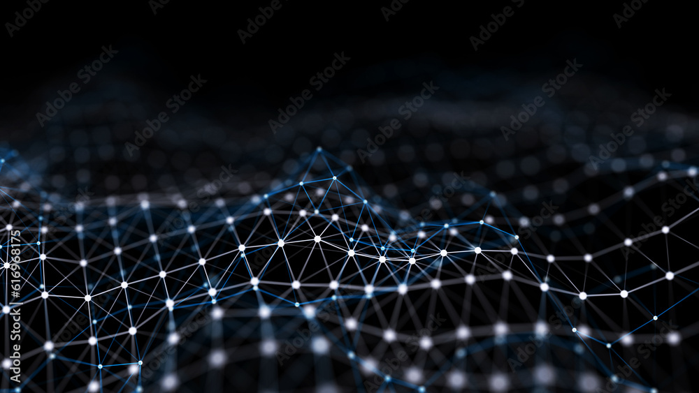 Network of bright connected dots and lines. Abstract dynamic wave of many points. Digital background. 3D rendering. Network of bright connected dots and lines. Abstract dynamic wave of many points. Digital background. 3D rendering.