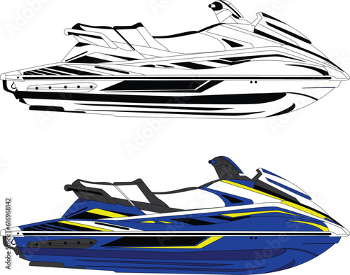 Vector, line art and color image of jet motor boat on a white background © perfectart99