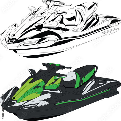 Vector, line art and color image of jet motor boat on a white background