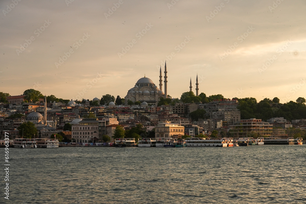 Landscape views of Istanbul Bosphorus river and mosques at dusk