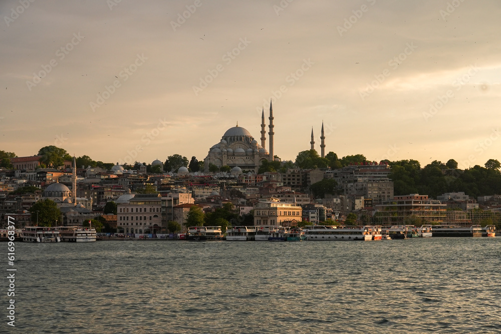 Landscape views of Istanbul Bosphorus river and mosques at dusk Landscape views of Istanbul Bosphorus river and mosques at dusk