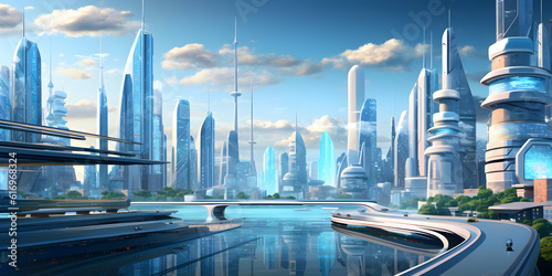 panorama d une ville futuriste avec des immeubles en verre et beaucoup de verdure - IA g  n  rative