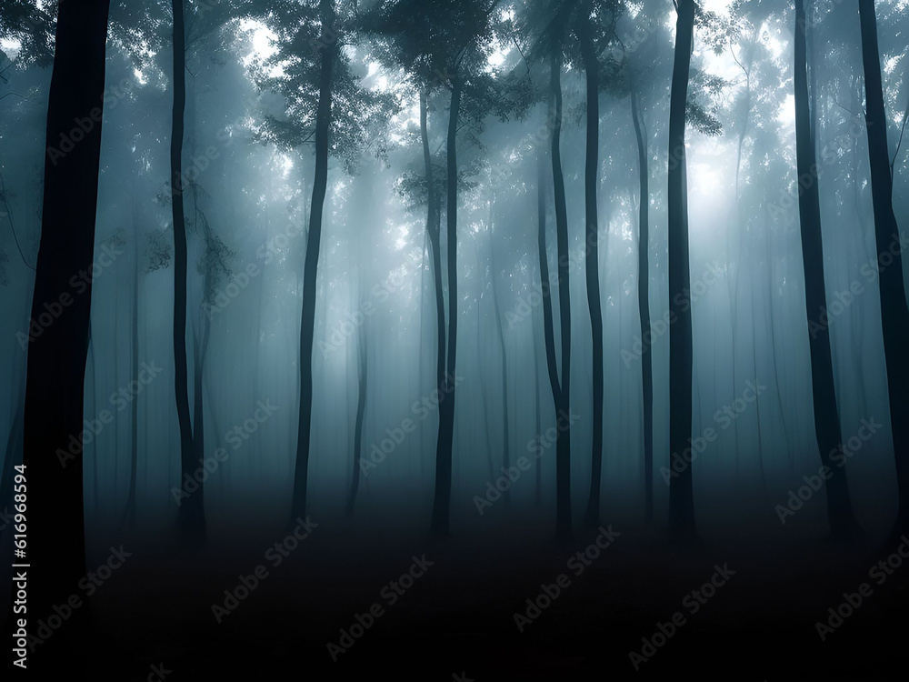 Fototapeta premium Dark mysterious forest for scary dark background. Generative ai