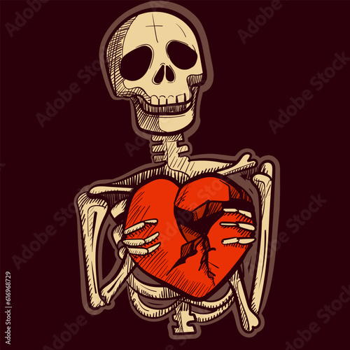 Illustration of a skeleton holding a broken heart in his hands. Vector of a dead gothic human with bones being sad and depressed.