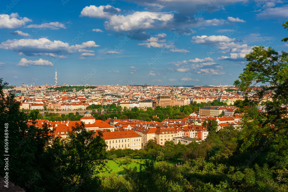 Prague city center skyline from Petrin Hill public park