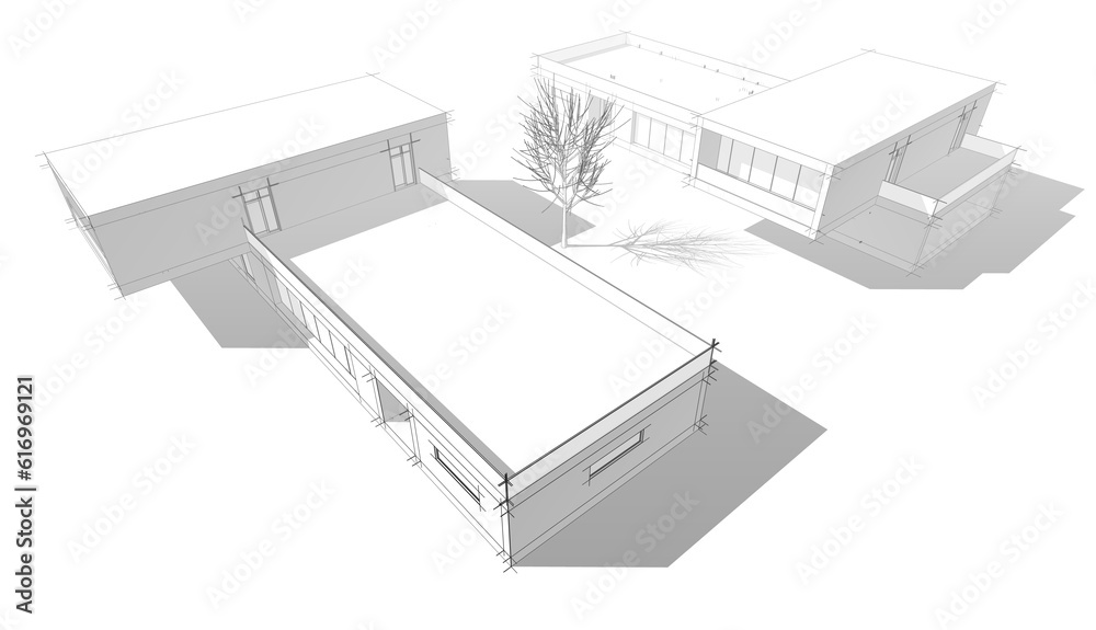 Modern house building architectural drawing 3d rendering Modern house building architectural drawing 3d rendering
