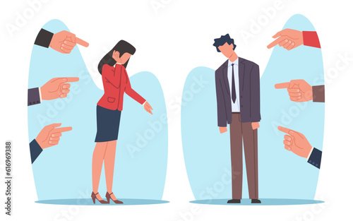 Concept of accusation  people pointing fingers at sad man and woman. Condemnation by society  surrounded crying people in stress  ashamed businessman  cartoon flat style vector illustration