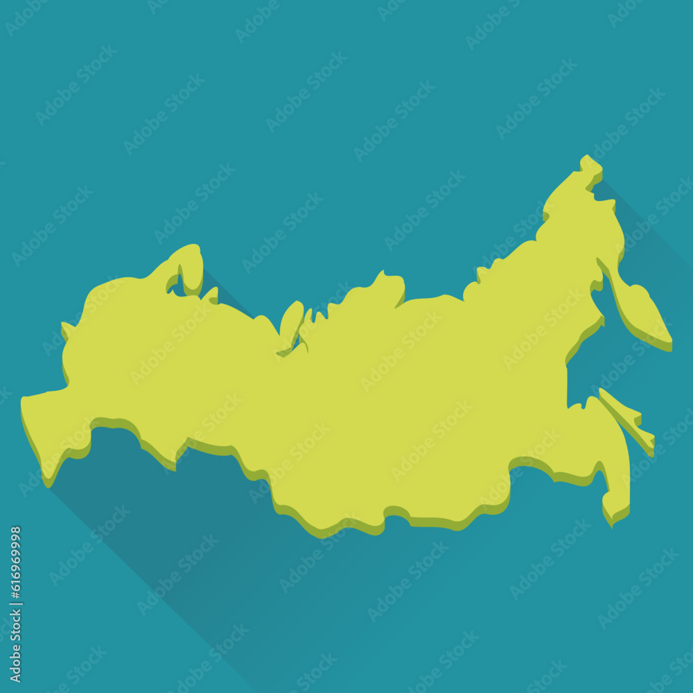 Yellow map of Russia with a relief effect isolated on a blue background and a shadow with flat design style