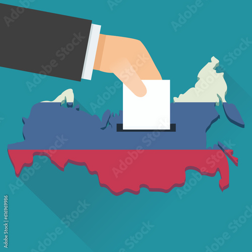 A hand drops a ballot on the 3D map of Russia with the colors of the Russian flag on a blue background in a flat design style