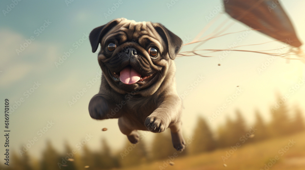 cute gray pug jumping after a flying kite