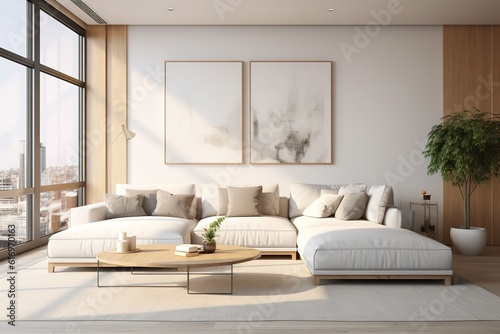 Living room interior with gray velvet sofa, pillows, green plaid, lamp and fiddle leaf tree in wicker basket on white wall background. 3D rendering,Generative AI