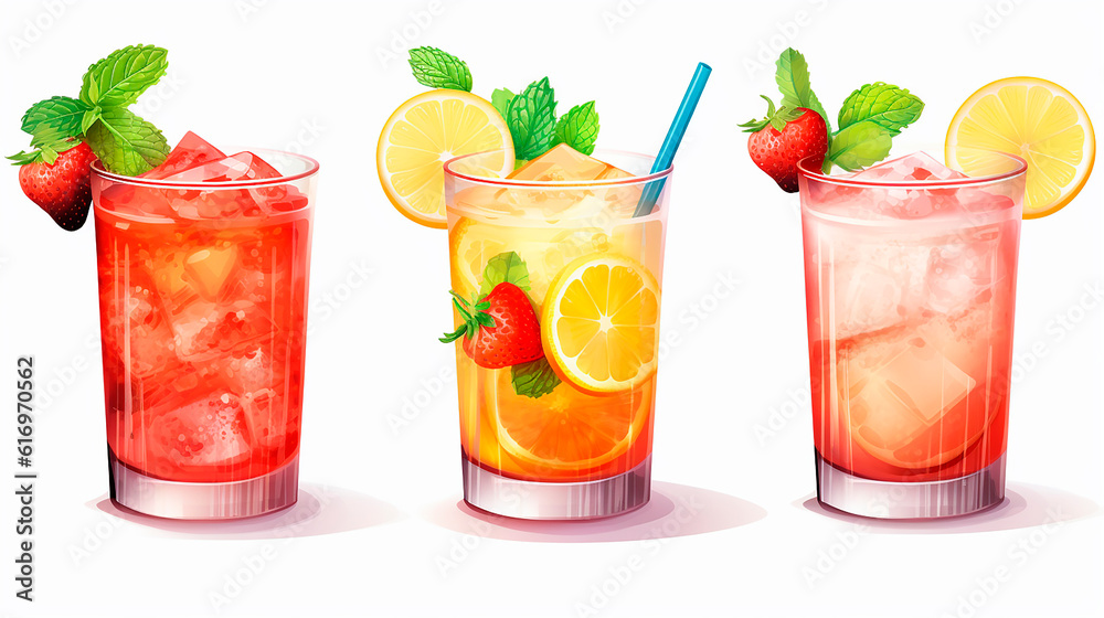 Cocktails set with lime, orange, strawberry and mint. Vector illustration.AI Generated Cocktails set with lime, orange, strawberry and mint. Vector illustration.AI Generated