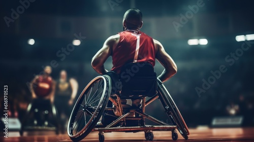 Red-shirt wheelchair basketball player dribbles professionally. Designation. The motivation of disabled people who excel in team sports. Unknown, Back View Shot. © sirisakboakaew