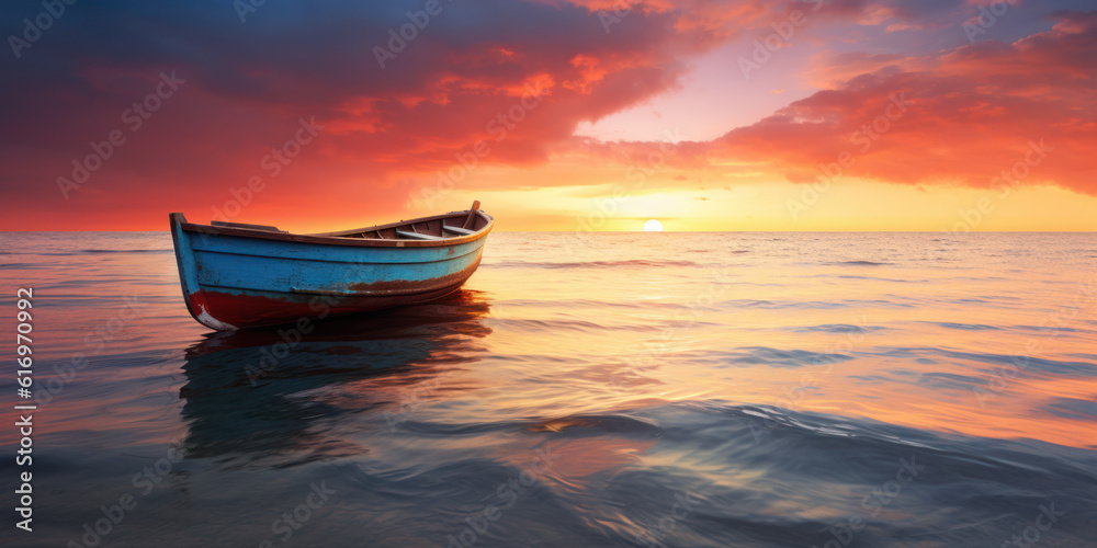 small colorful wooden boat on sea at sunset