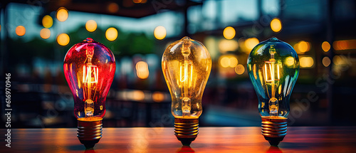 Decorative antique Edison style light bulbs in glass café at night with bokeh and colorful style, Generative AI