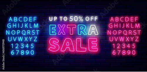 Extra Sale neon emblem. Special offer. Marketing label. Handwritten text. Editing text. Vector stock illustration