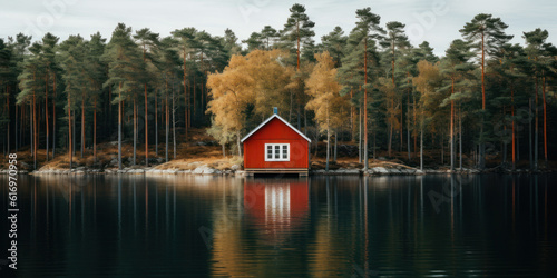a small red Scandinavian near the water of lake in a forest