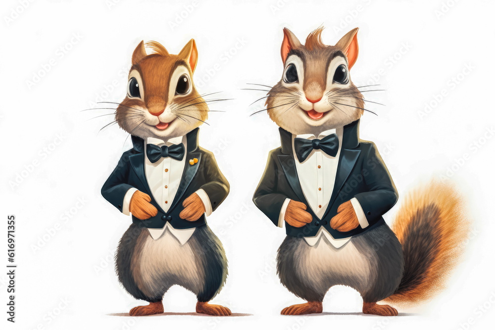 Illustration of two cute squirrels dressed in tuxedos, smiling and looking in the camera. Generative AI