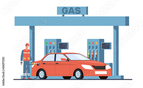 Gas station attendant pours fuel into car at gas station. Worker refueling automobile, transport service, oil or biofuel auto, petroleum or diesel. Cartoon flat isolated vector concept © YummyBuum
